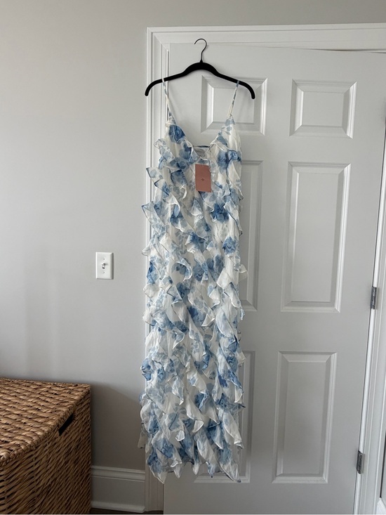 BHLDN Dresses & Skirts - NWT BHLDN Blue & White Ruffle Maxi Dress Size 14